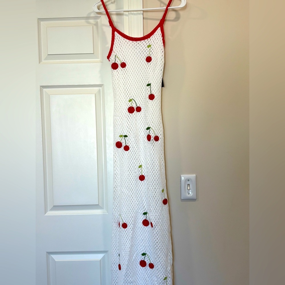 NWT Fashion Nova White Crochet Dress with Cherry Accents